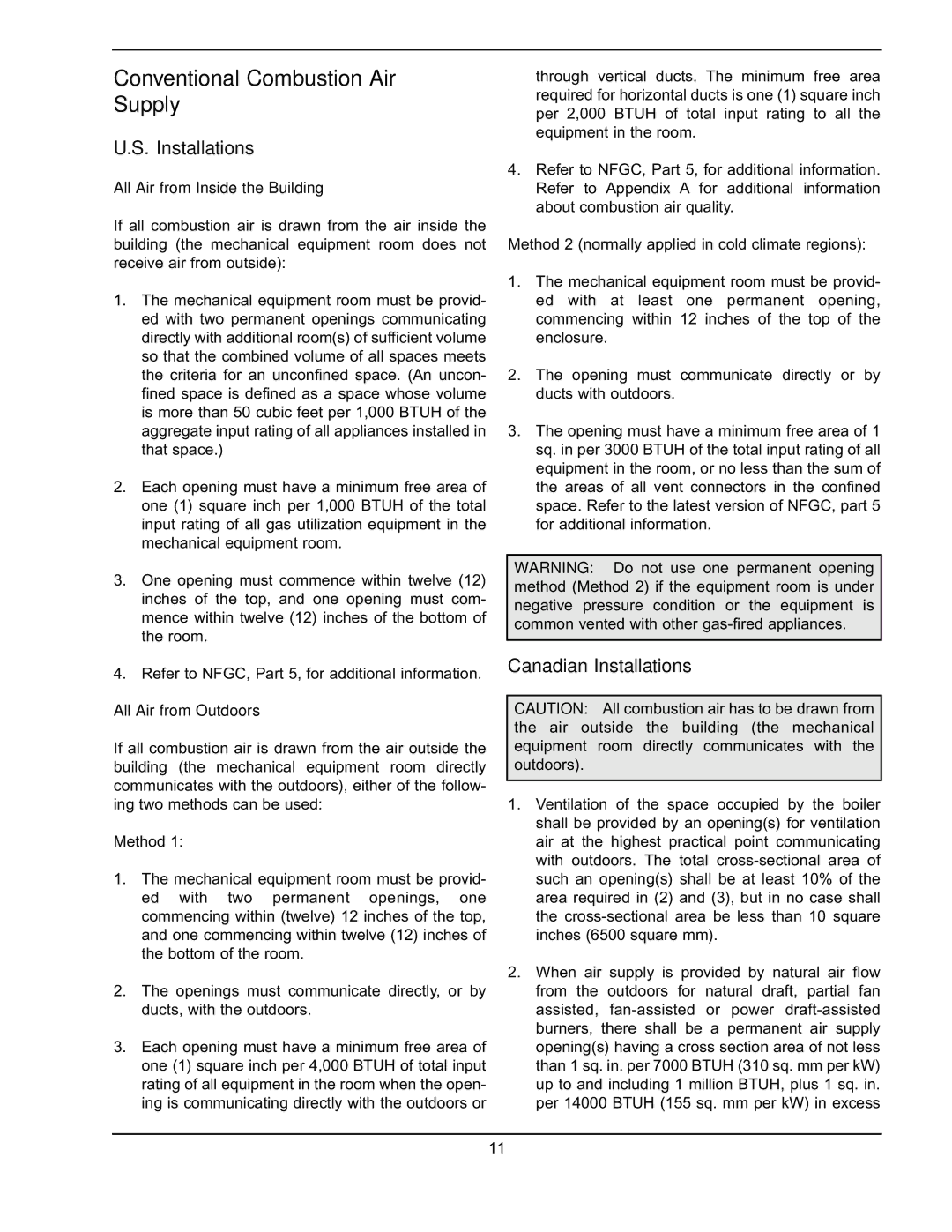 Raypak 751 manual Conventional Combustion Air Supply, Canadian Installations 