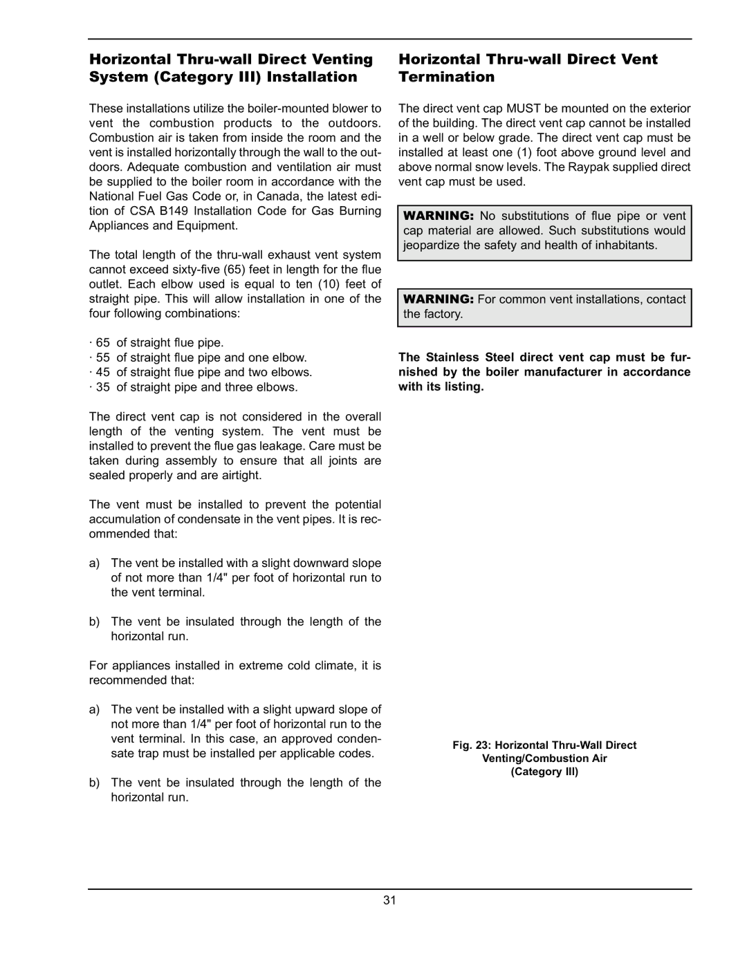 Raypak 751 manual Horizontal Thru-wall Direct Vent Termination, Horizontal Thru-Wall Direct Venting/Combustion Air Category 