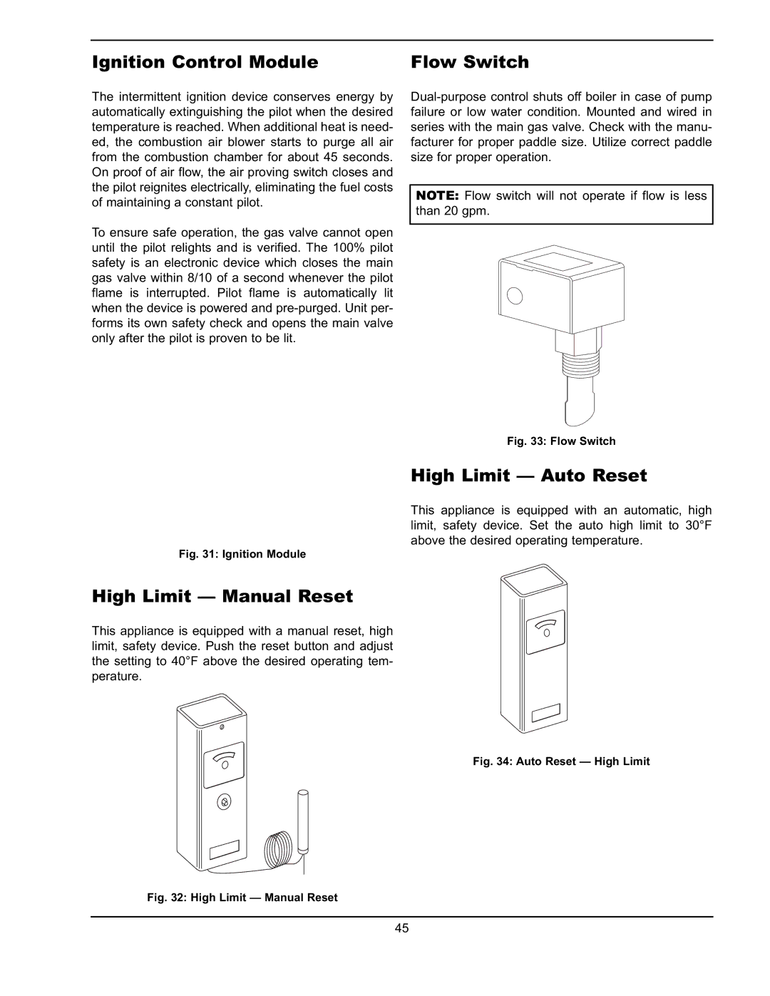 Raypak 751 manual Ignition Control Module, Flow Switch, High Limit Manual Reset, High Limit Auto Reset 