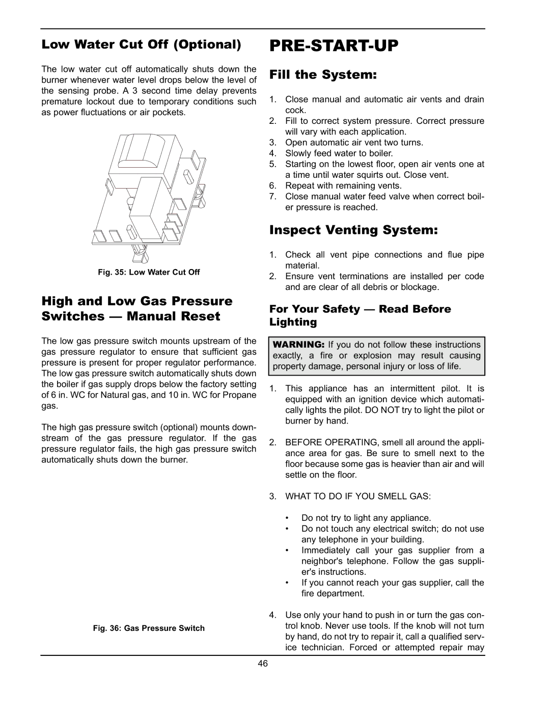 Raypak 751 Pre-Start-Up, Low Water Cut Off Optional, High and Low Gas Pressure Switches Manual Reset, Fill the System 