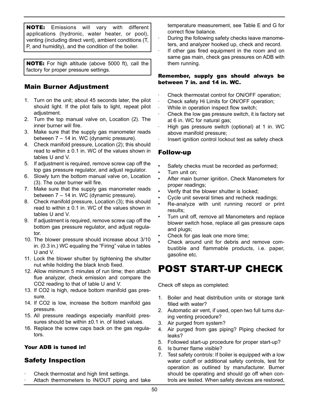 Raypak 751 manual Post START-UP Check, Main Burner Adjustment, Safety Inspection, Follow-up 