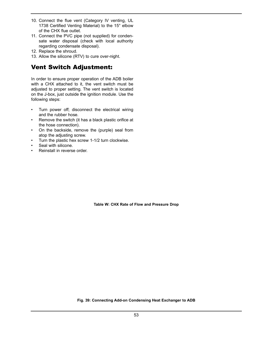 Raypak 751 manual Vent Switch Adjustment, Connecting Add-on Condensing Heat Exchanger to ADB 