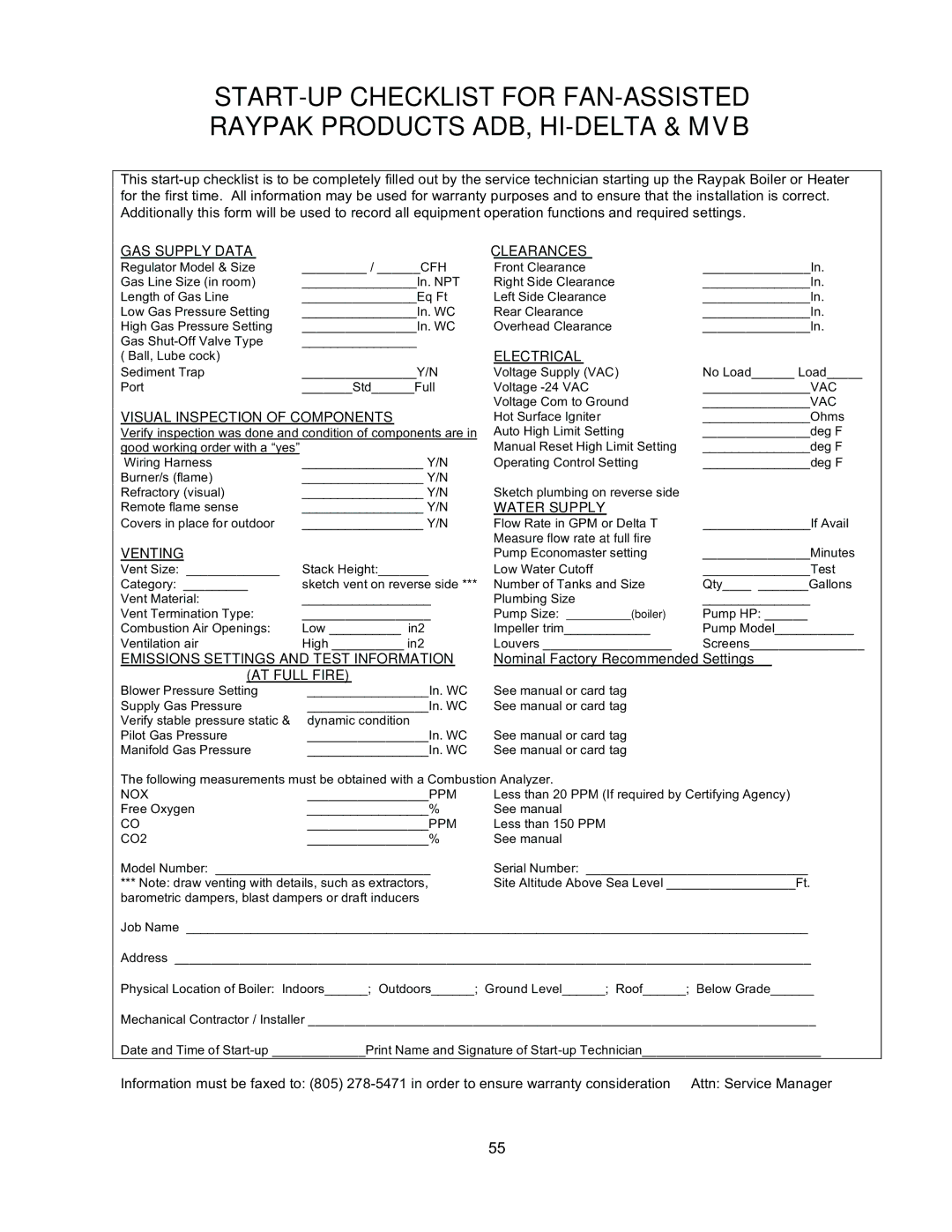 Raypak 751 manual Emissions Settings and Test Information 