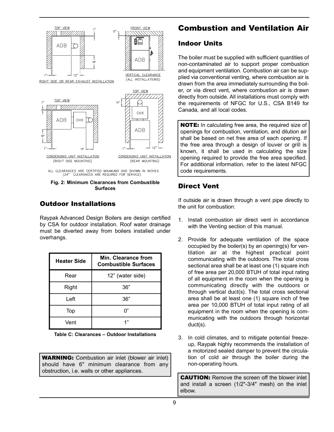 Raypak 751 manual Combustion and Ventilation Air, Outdoor Installations, Indoor Units, Direct Vent 