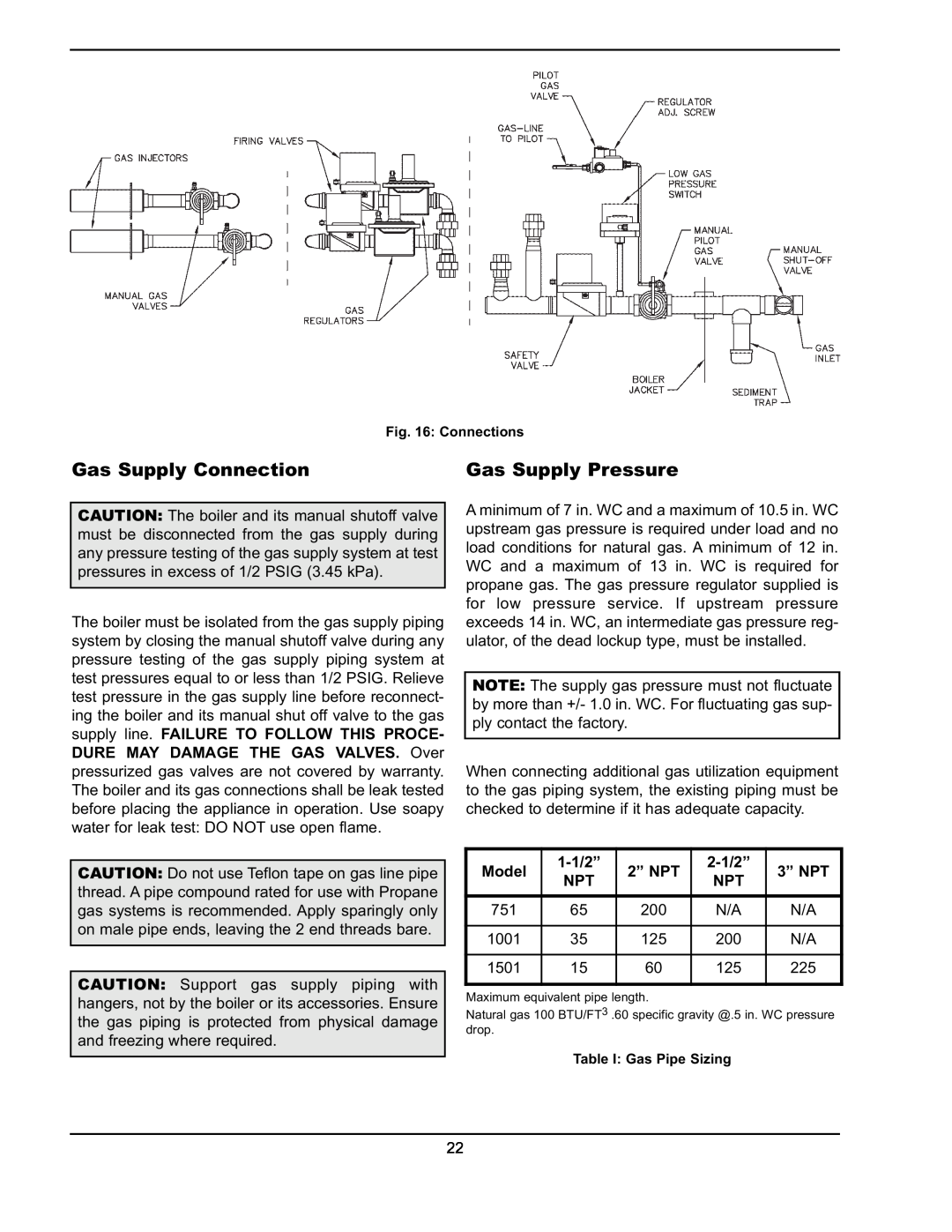 Raypak 751 manual Gas Supply Connection, Gas Supply Pressure, Model, 1-1/2”, 2” NPT, 2-1/2”, 3” NPT 
