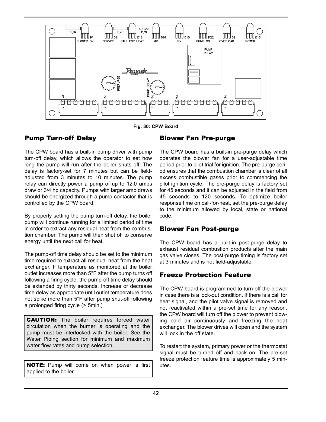 Raypak 751 manual Pump Turn-offDelay, Blower Fan Pre-purge, Blower Fan Post-purge, Freeze Protection Feature 