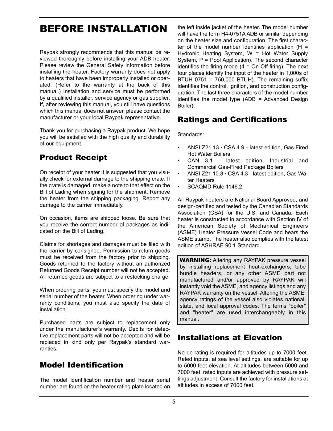 Raypak 751 manual Before Installation, Product Receipt, Model Identification, Ratings and Certifications 