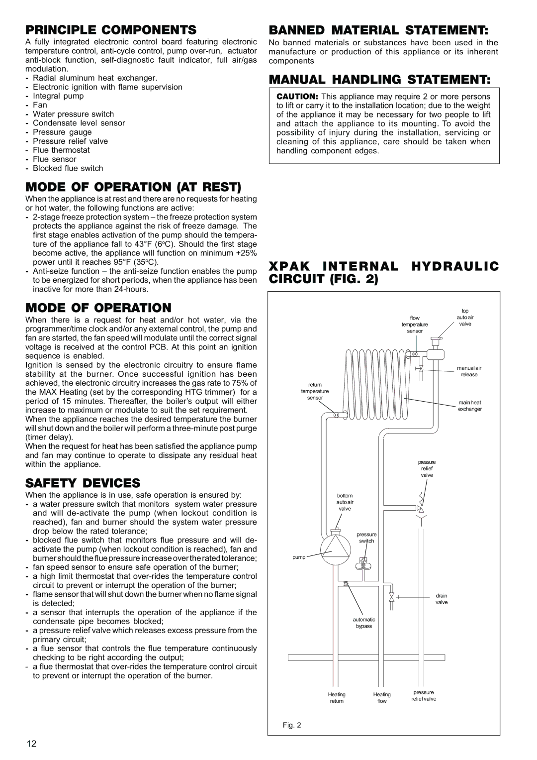 Raypak 85, 120 manual Principle Components, Banned Material Statement, Manual Handling Statement Mode of Operation AT Rest 