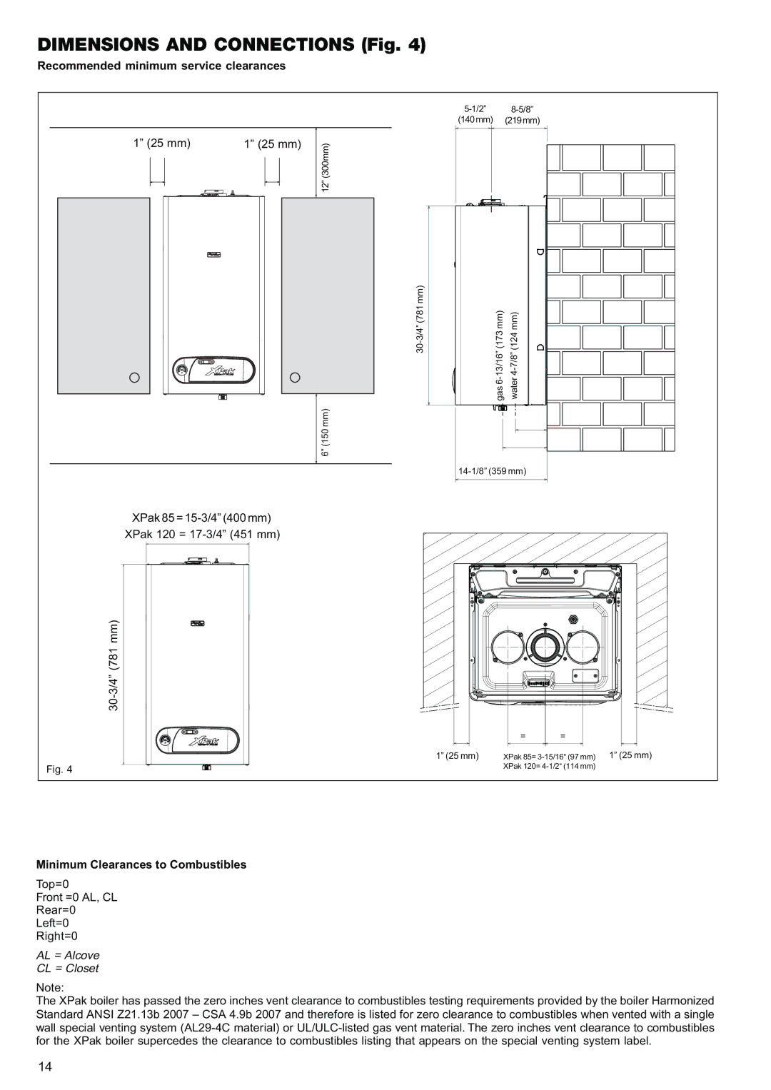 Raypak 85, 120 manual Dimensions and Connections Fig 