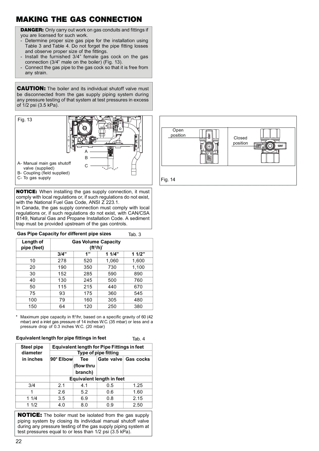 Raypak 85, 120 manual Making the GAS Connection, Gas Pipe Capacity for different pipe sizes, Branch Equivalent 