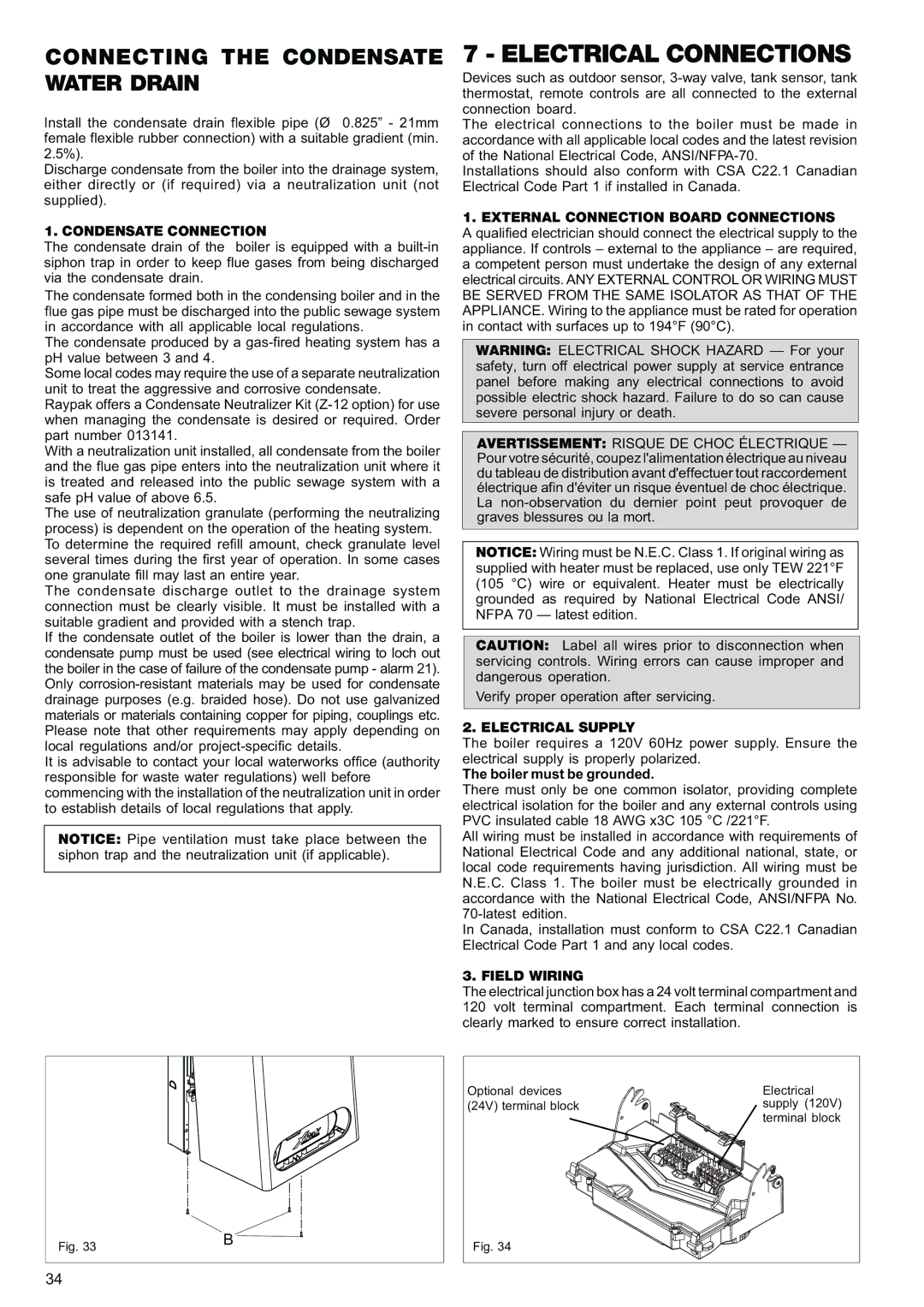 Raypak 85, 120 manual Electrical Connections, Connecting the Condensate Water Drain 