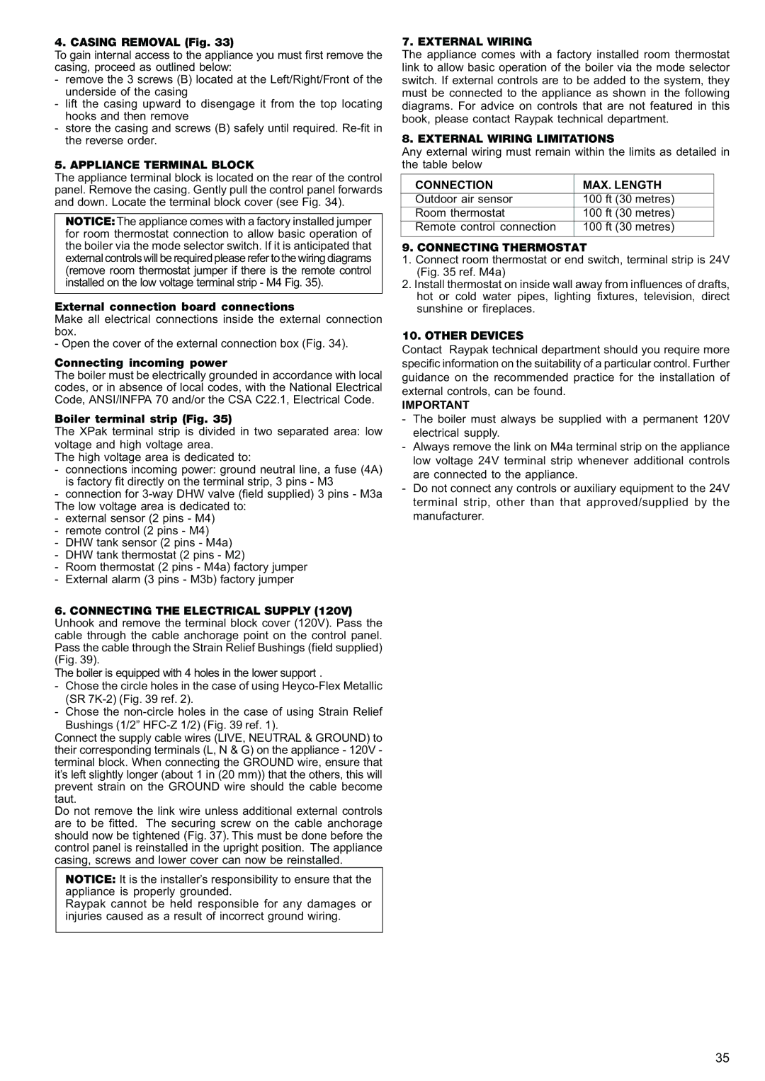 Raypak 120, 85 Appliance Terminal Block, External Wiring Limitations, Connection MAX. Length, Connecting Thermostat 