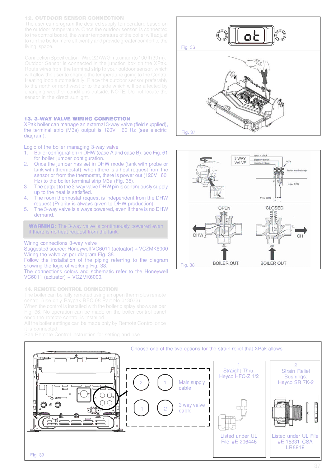 Raypak 120, 85 manual Outdoor Sensor Connection, WAY Valve Wiring Connection, Remote Control Connection 