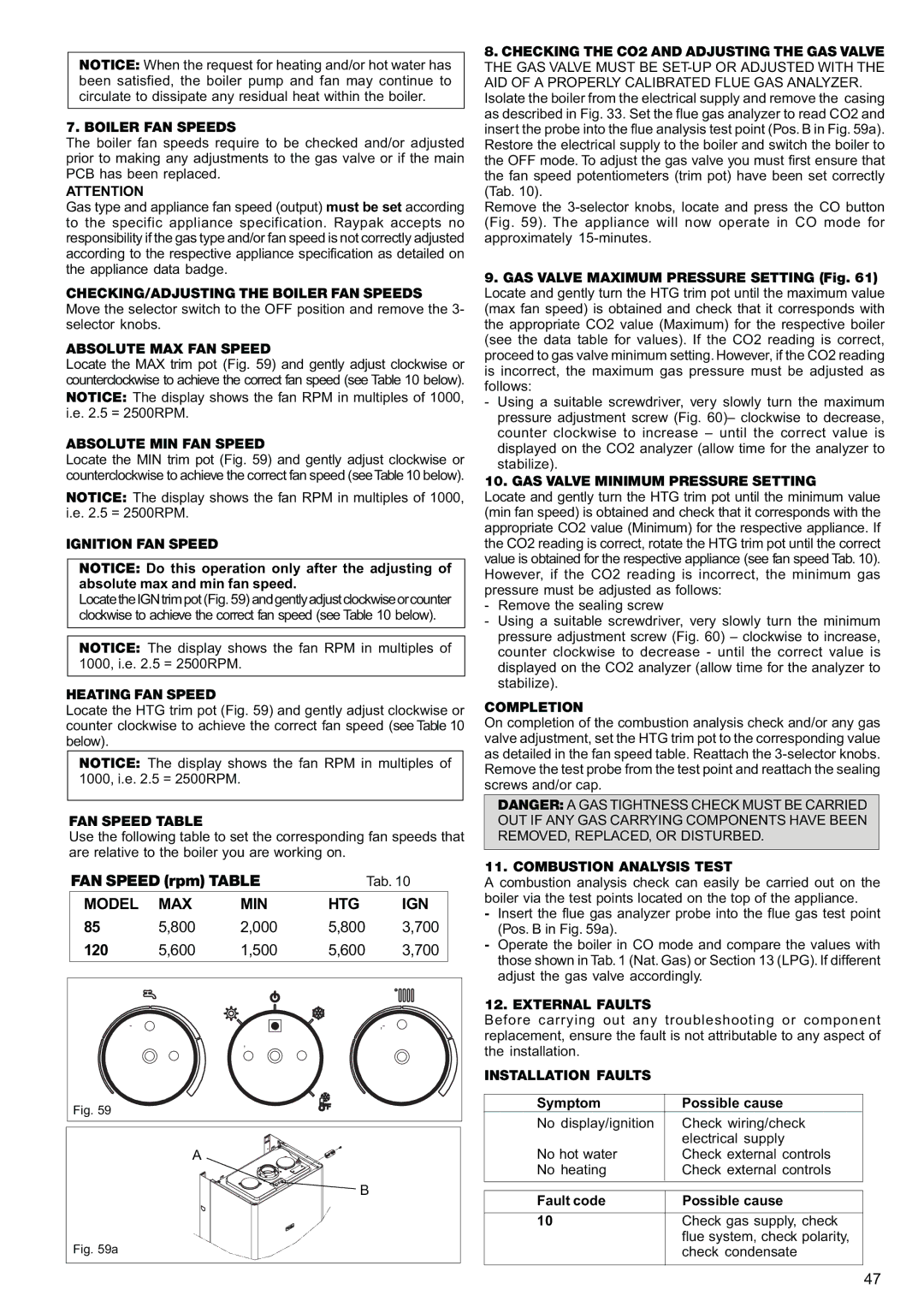 Raypak 120 CHECKING/ADJUSTING the Boiler FAN Speeds, Absolute MAX FAN Speed, Absolute MIN FAN Speed, Heating FAN Speed 