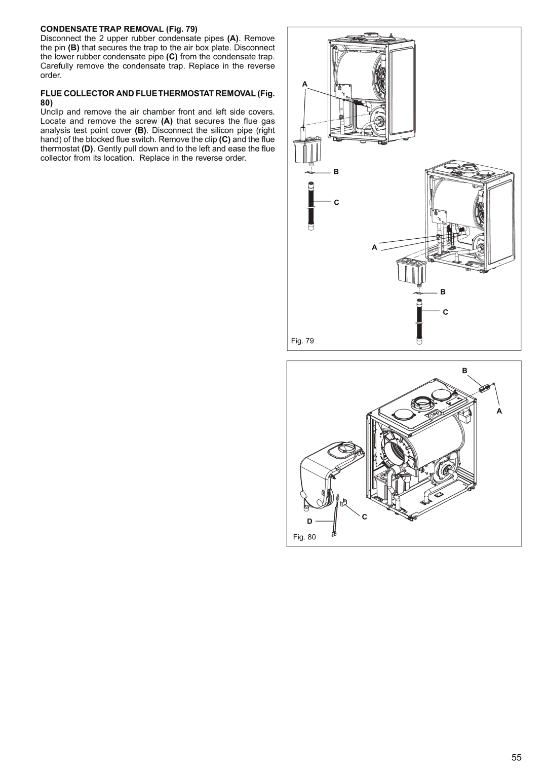 Raypak 120, 85 manual Condensate Trap Removal Fig, Flue Collector and Flue Thermostat Removal Fig 