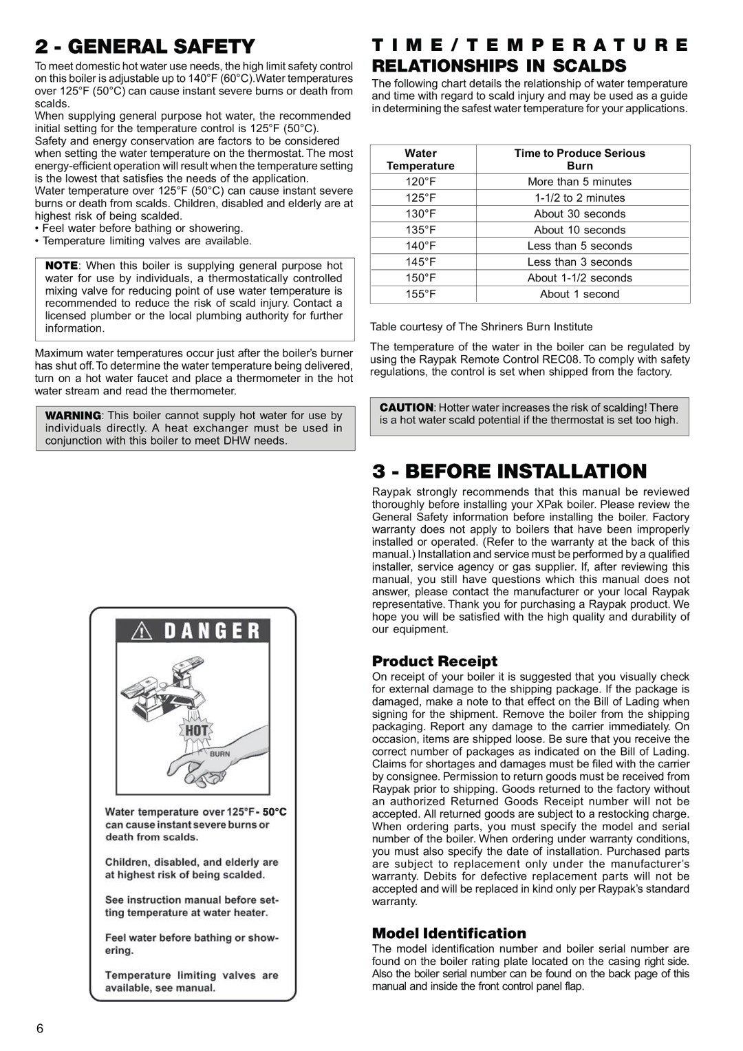 Raypak 85, 120 manual General Safety, Before Installation, M E / T E M P E R a T U R E Relationships in Scalds, Burn 