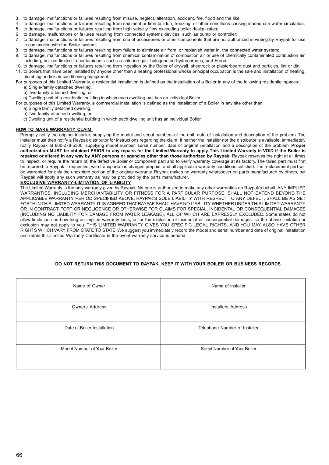 Raypak 85, 120 manual HOW to Make Warranty Claim 