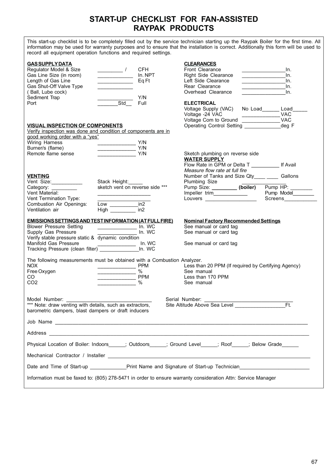 Raypak 120, 85 manual START-UP Checklist for FAN-ASSISTED Raypak Products 