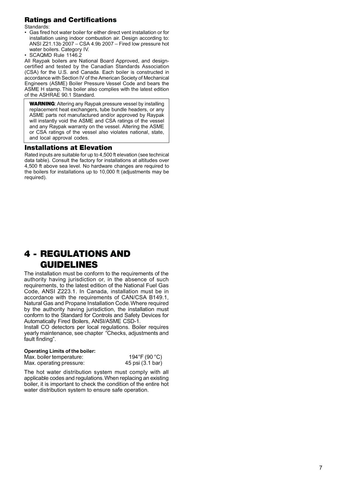 Raypak 120, 85 manual Regulations and Guidelines, Operating Limits of the boiler 