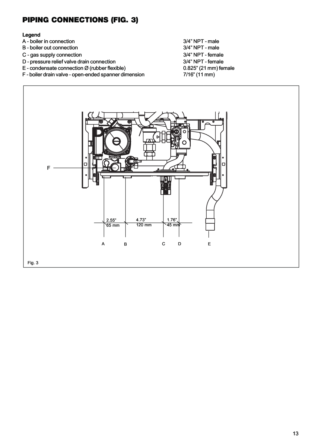 Raypak 120, 85 manual Piping Connections Fig, Legend 