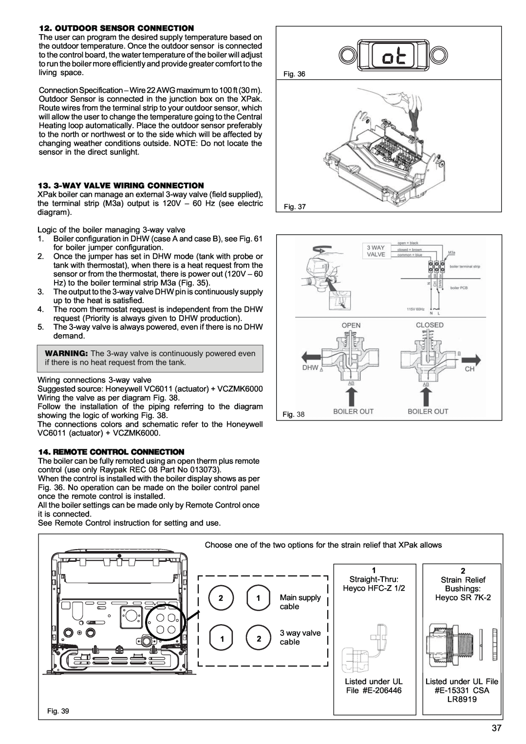Raypak 120, 85 manual Outdoor Sensor Connection, 13. 3-WAYVALVE WIRING CONNECTION, Remote Control Connection 