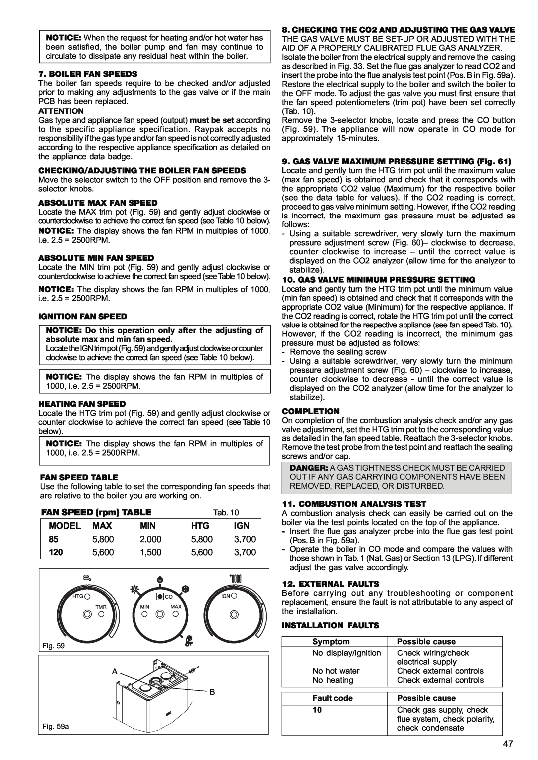 Raypak 120, 85 manual FAN SPEED rpm TABLE, Model, 5,800, 2,000, 3,700, 5,600, 1,500 