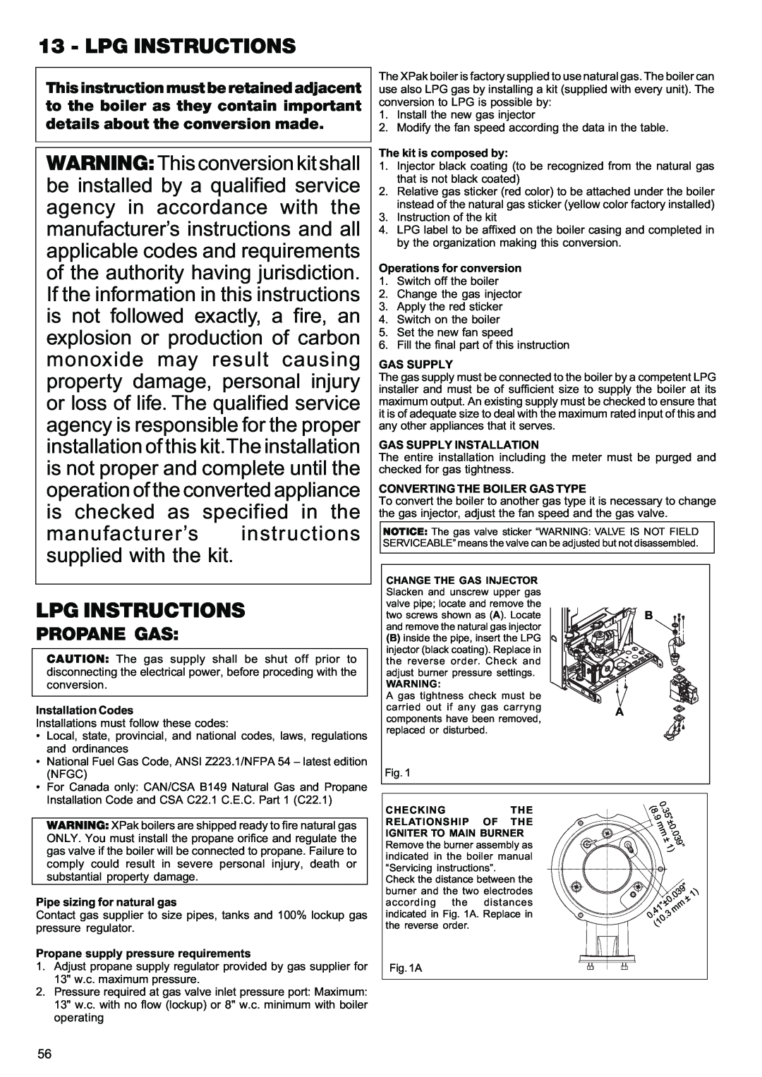 Raypak 85, 120 manual Lpg Instructions, Propane Gas, manufacturer’s instructions supplied with the kit 