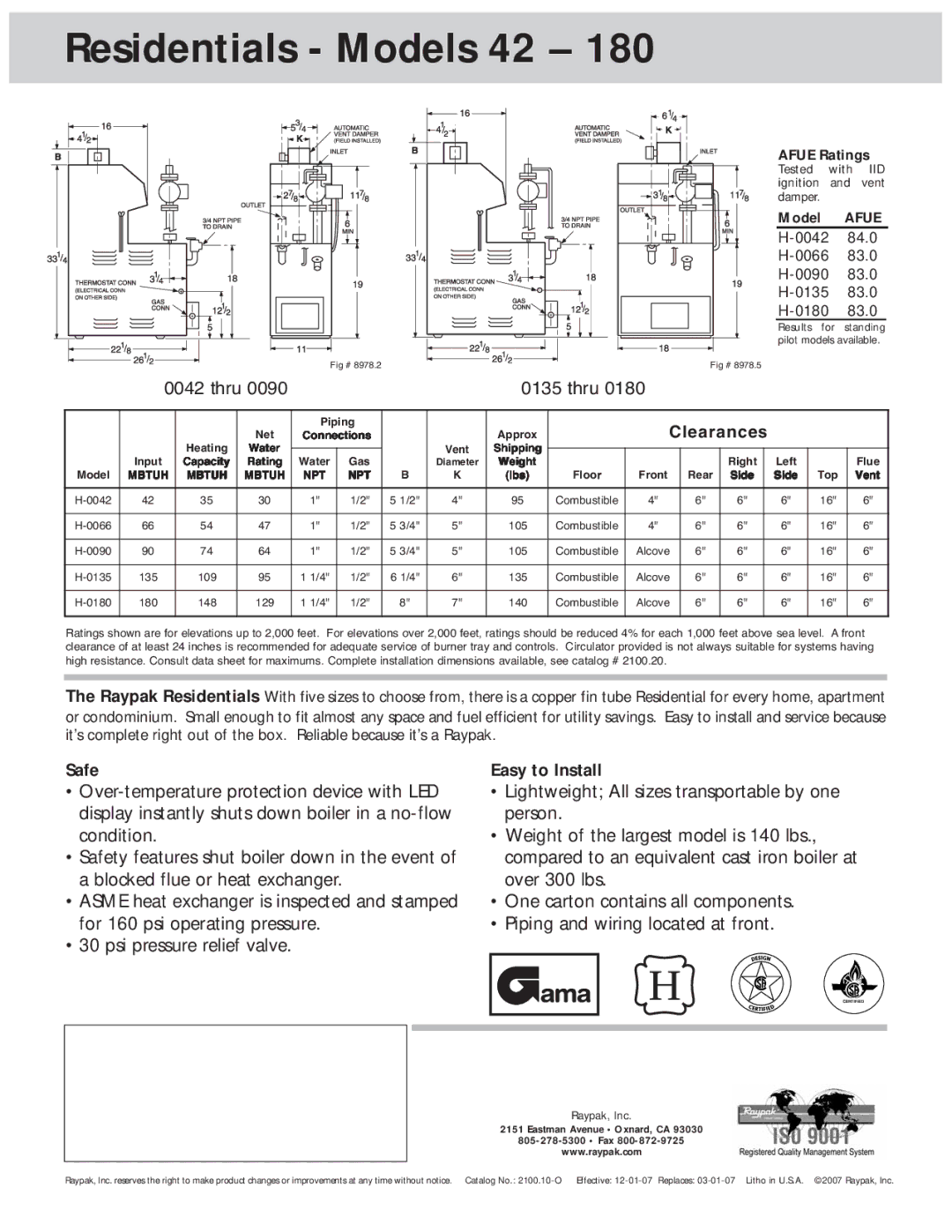 Raypak 90- 180, 42 & 66 warranty Safe, Easy to Install 