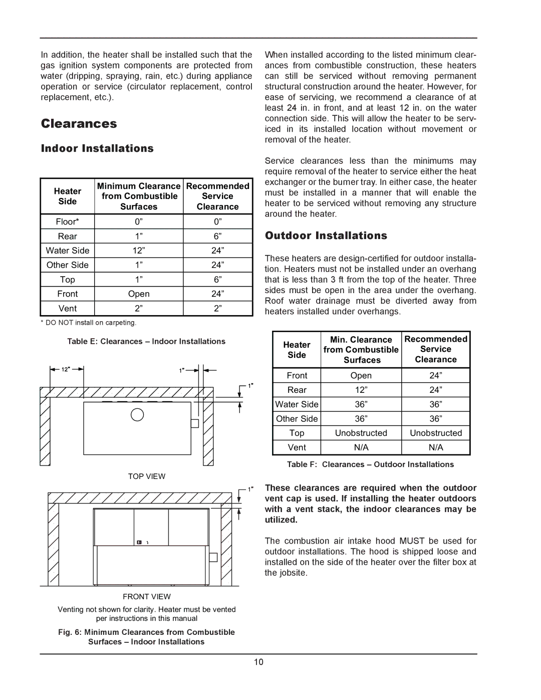 Raypak 902B, 302B manual Clearances, Indoor Installations, Outdoor Installations 