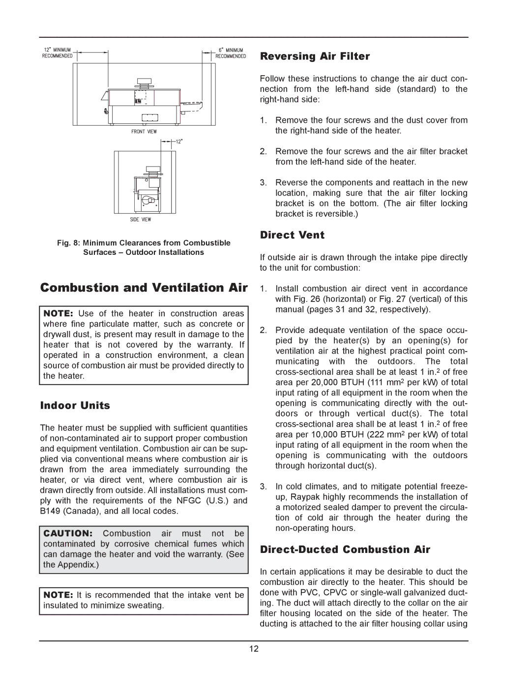 Raypak 902B Combustion and Ventilation Air, Indoor Units, Reversing Air Filter, Direct Vent, Direct-Ducted Combustion Air 