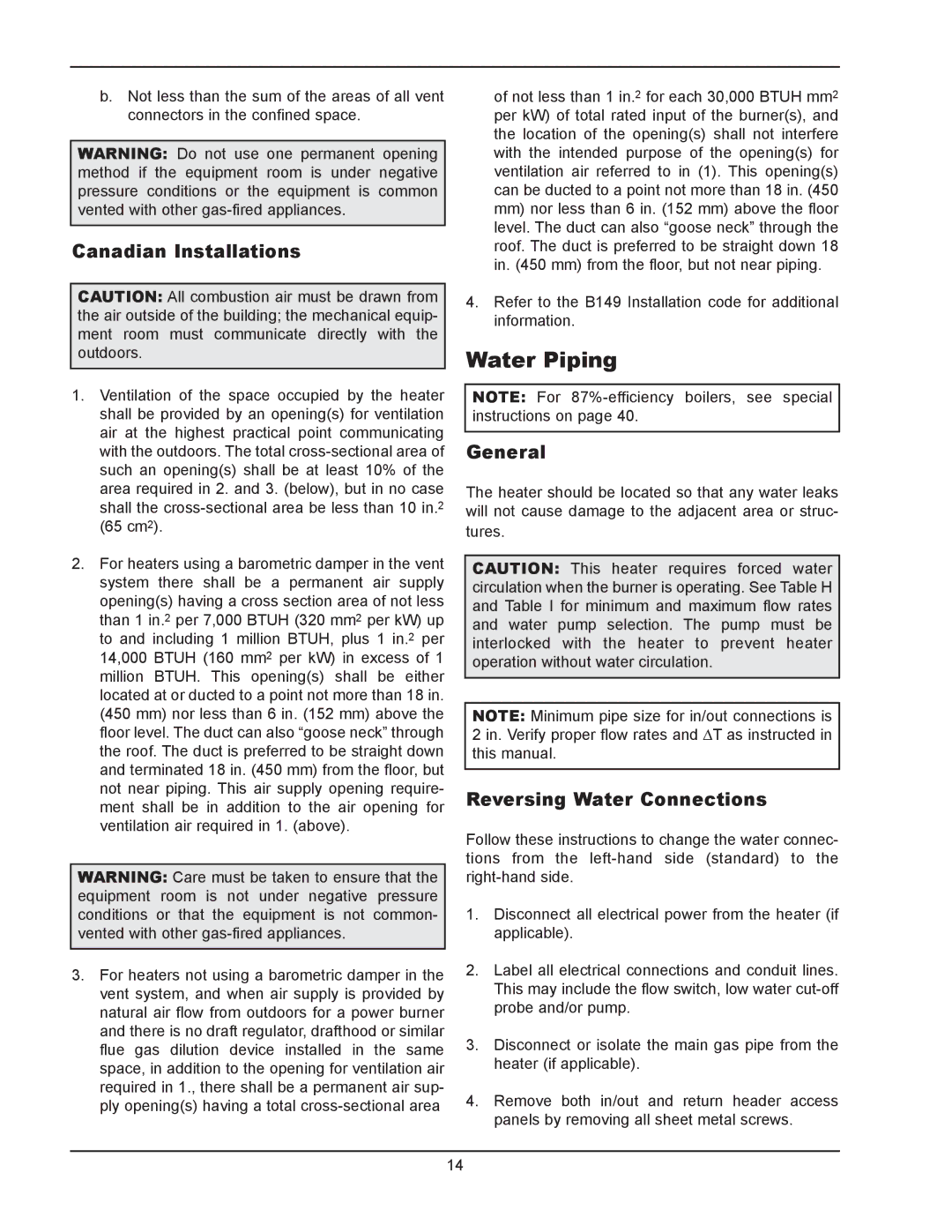 Raypak 902B, 302B manual Water Piping, Canadian Installations, General, Reversing Water Connections 