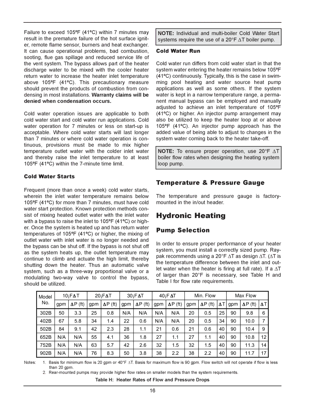 Raypak 902B, 302B manual Hydronic Heating, Temperature & Pressure Gauge, Pump Selection, Cold Water Starts, Cold Water Run 