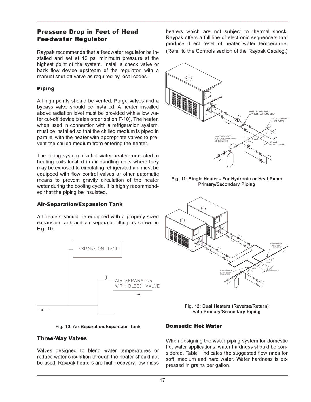 Raypak 302B Pressure Drop in Feet of Head Feedwater Regulator, Piping, Air-Separation/Expansion Tank, Three-Way Valves 