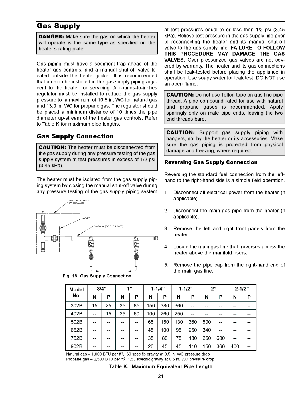 Raypak 302B, 902B manual Gas Supply Connection, Model, Table K Maximum Equivalent Pipe Length 