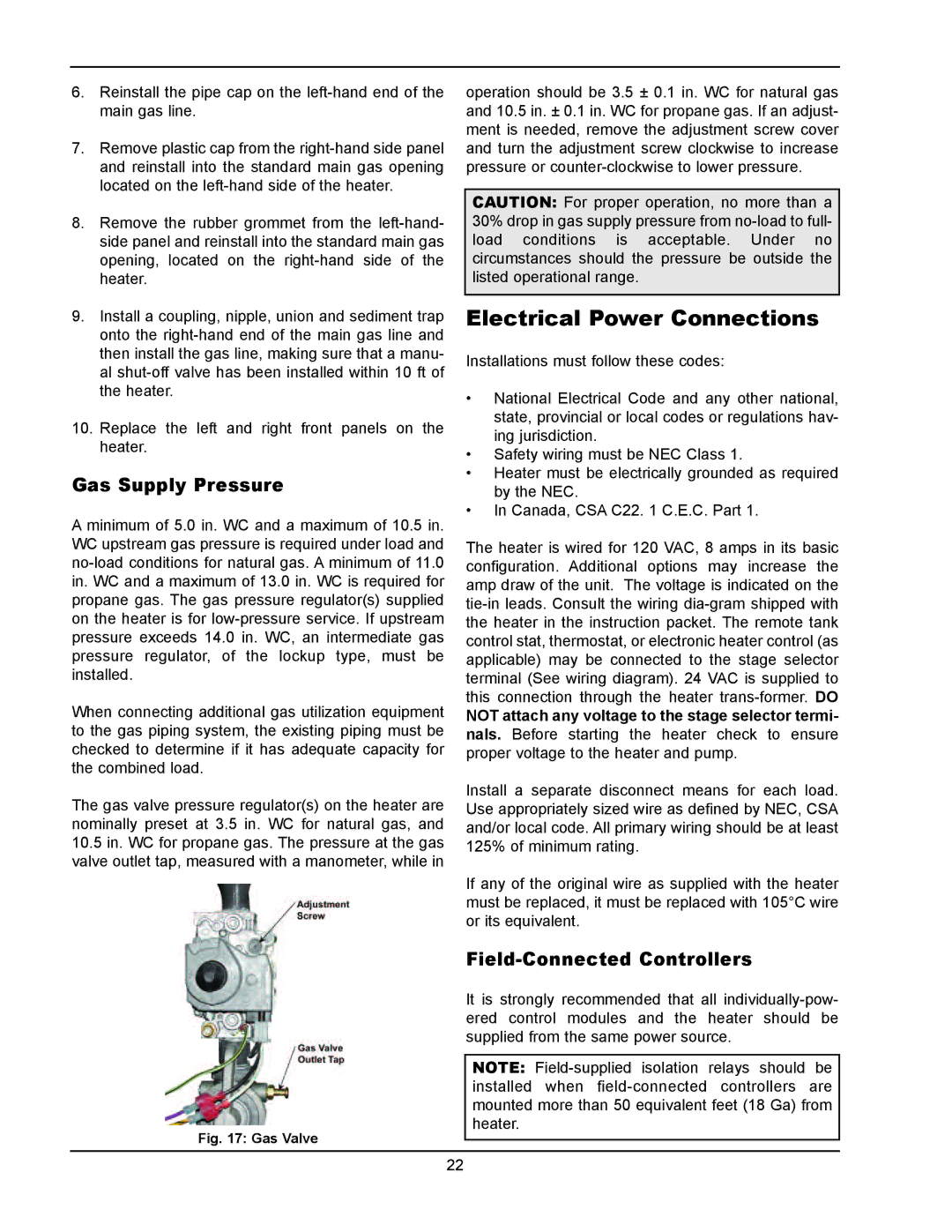 Raypak 902B, 302B manual Electrical Power Connections, Gas Supply Pressure, Field-Connected Controllers 