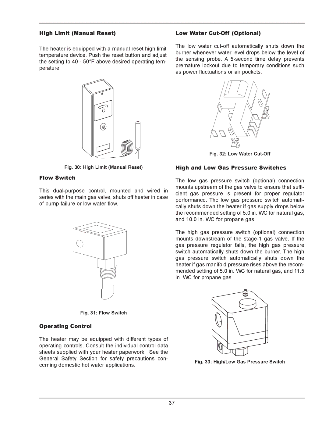 Raypak 302B, 902B High Limit Manual Reset, Low Water Cut-Off Optional, Flow Switch, High and Low Gas Pressure Switches 