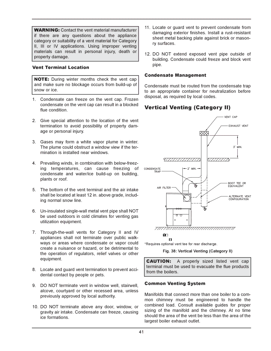 Raypak 302B, 902B manual Vertical Venting Category, Vent Terminal Location, Condensate Management 