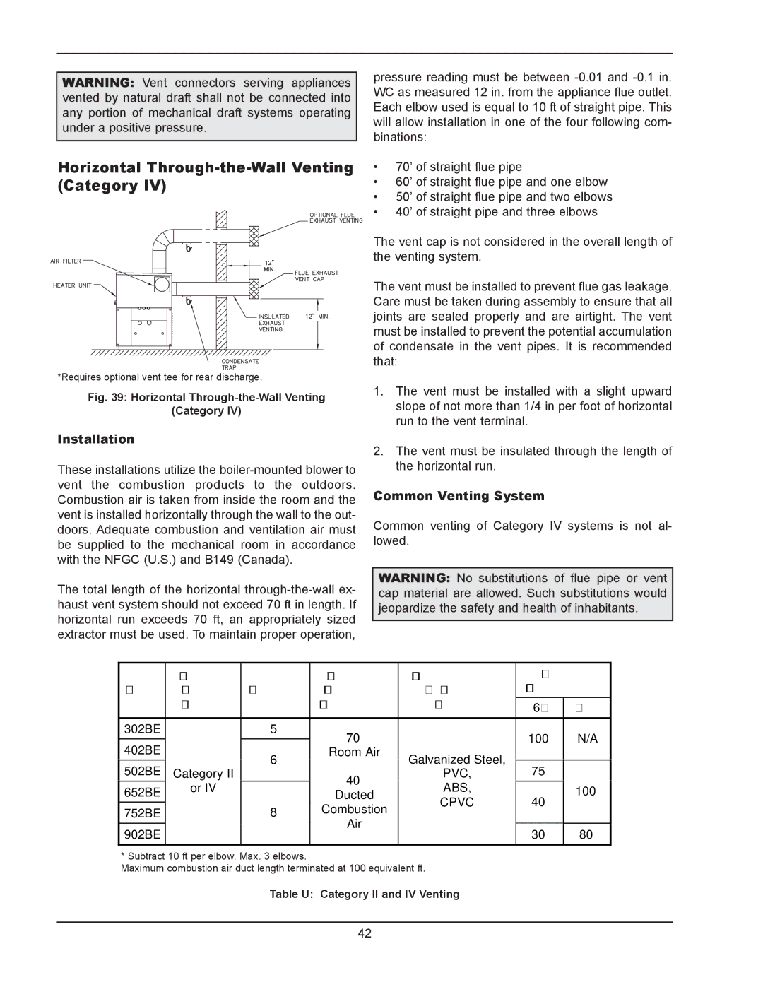 Raypak 302B manual Certified Maximum Combustion Air Air Inlet Model Venting, 752BE Combustion Air 902BE 30’ 80’ 