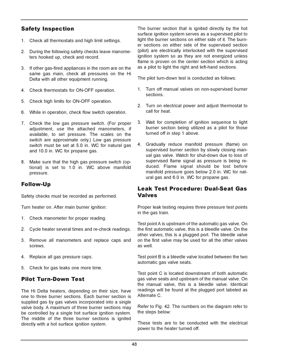 Raypak 902B, 302B manual Safety Inspection, Follow-Up, Pilot Turn-Down Test, Leak Test Procedure Dual-Seat Gas Valves 