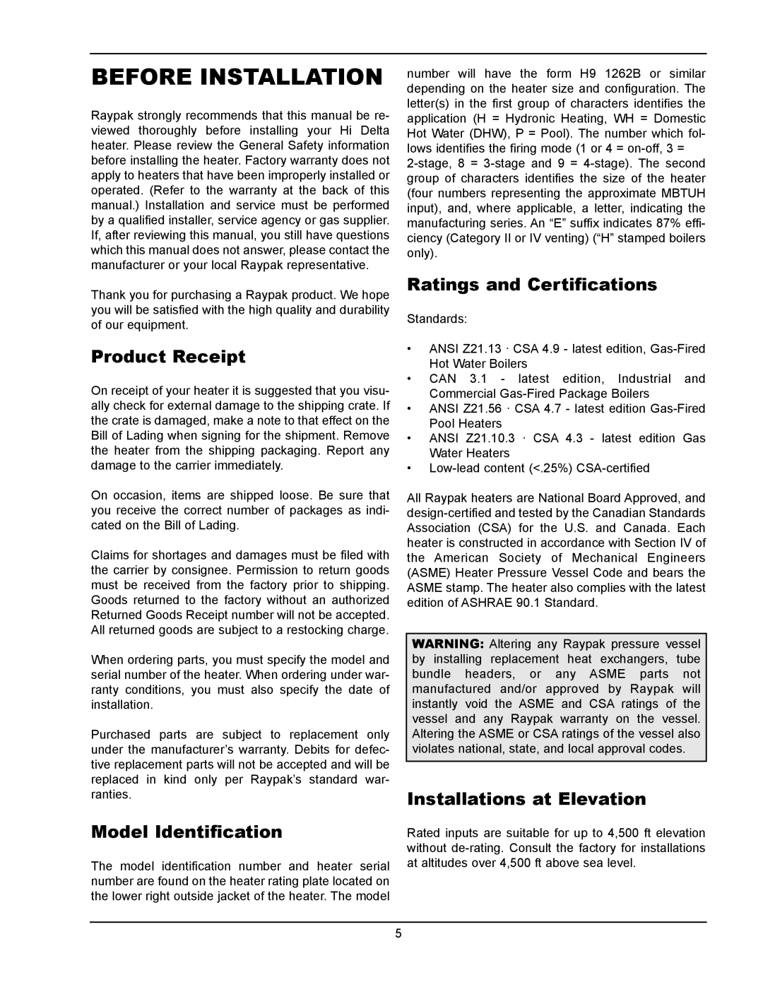 Raypak 302B, 902B manual Before Installation, Product Receipt, Model Identification, Ratings and Certifications 