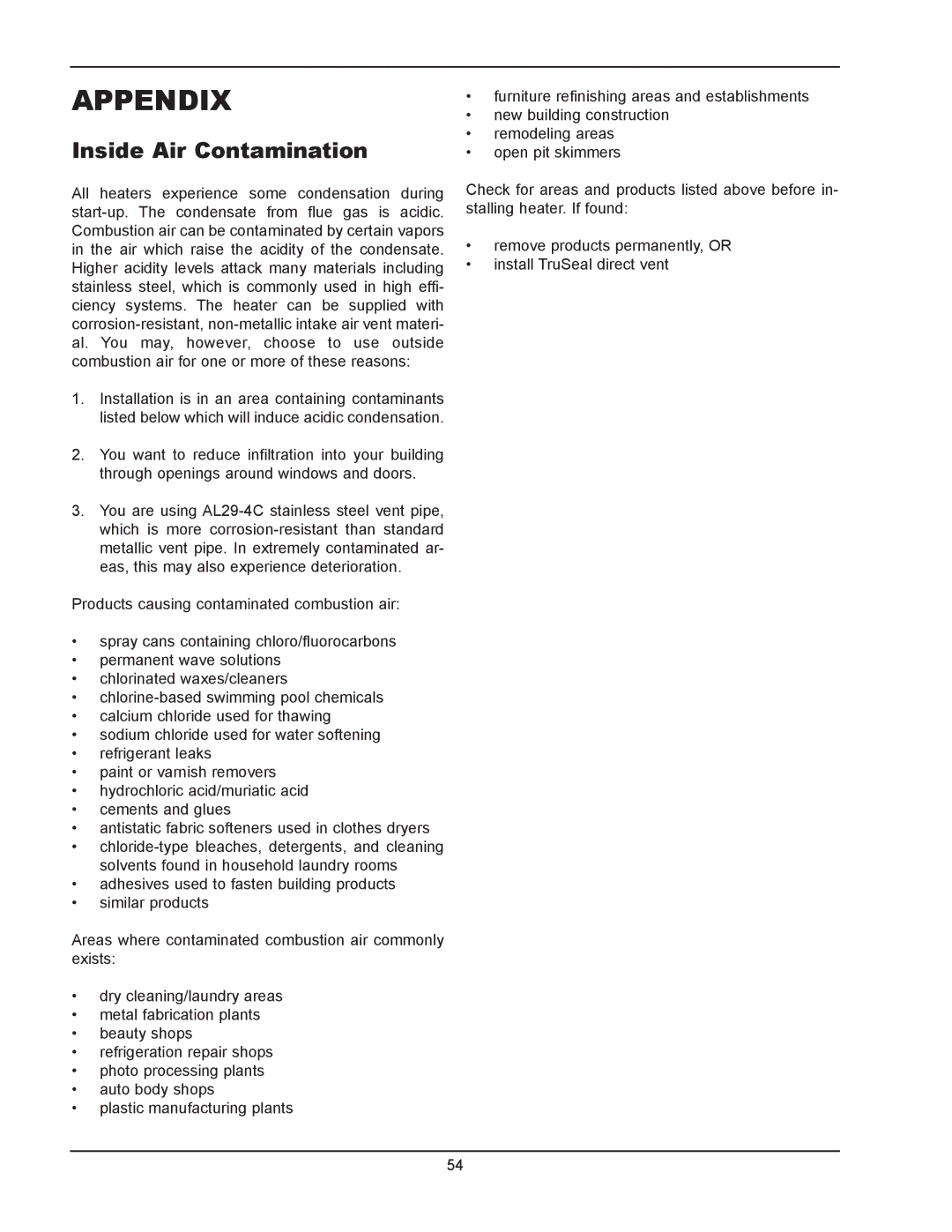 Raypak 902B, 302B manual Appendix, Inside Air Contamination 