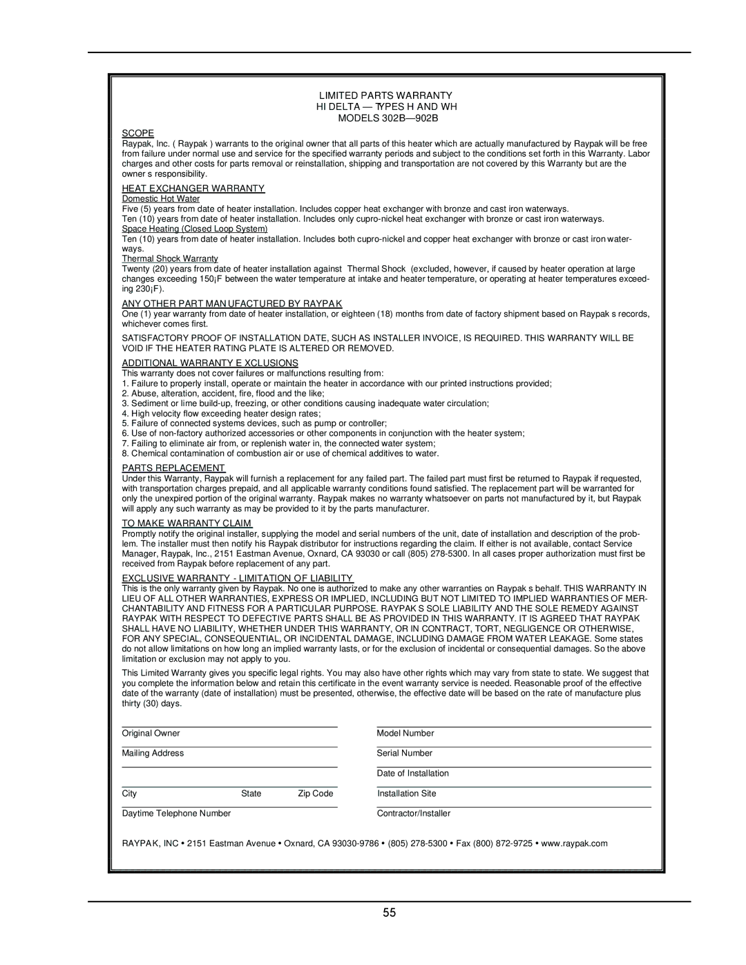 Raypak 302B, 902B manual Limited Parts Warranty HI Delta Types H and WH 