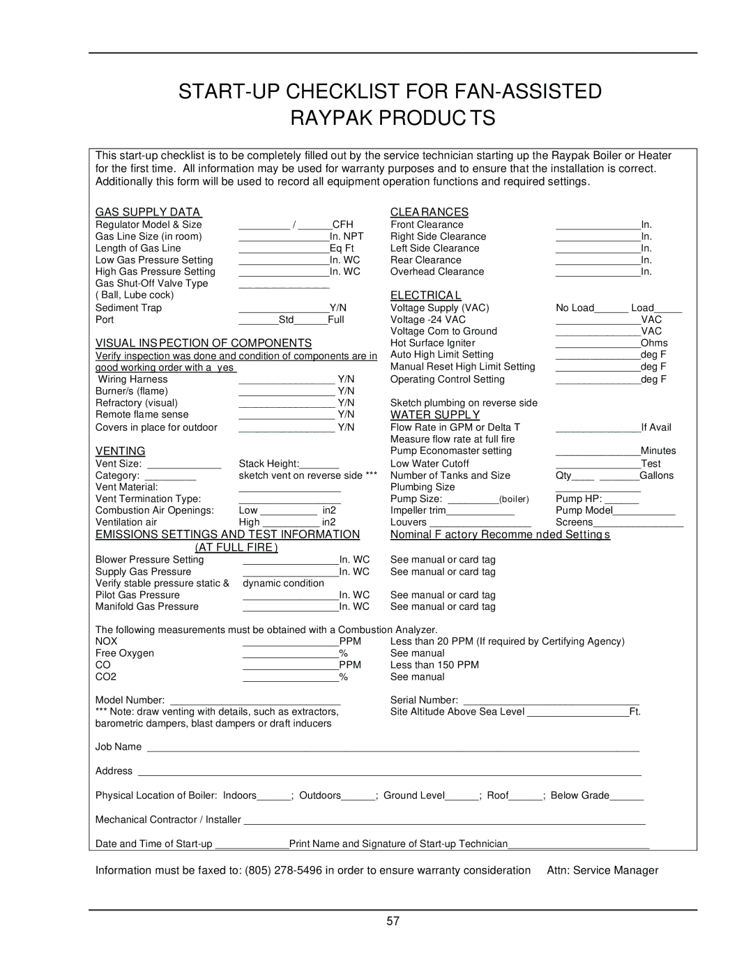 Raypak 302B, 902B manual START-UP Checklist for FAN-ASSISTED Raypak Products 