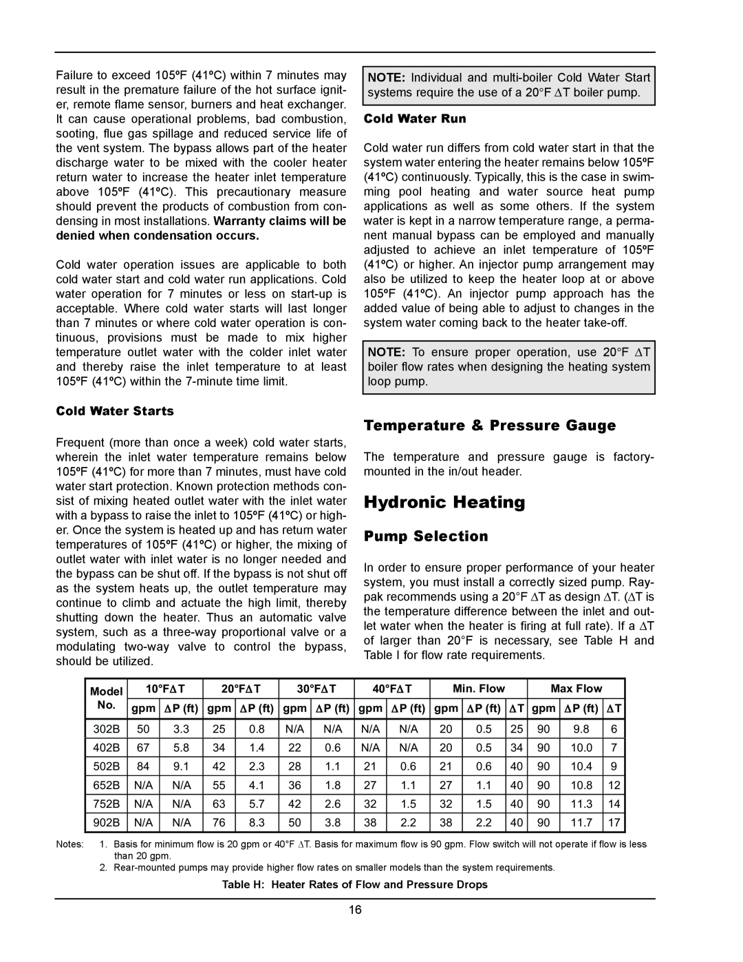Raypak 902B, 302B manual Hydronic Heating, Temperature & Pressure Gauge, Pump Selection 