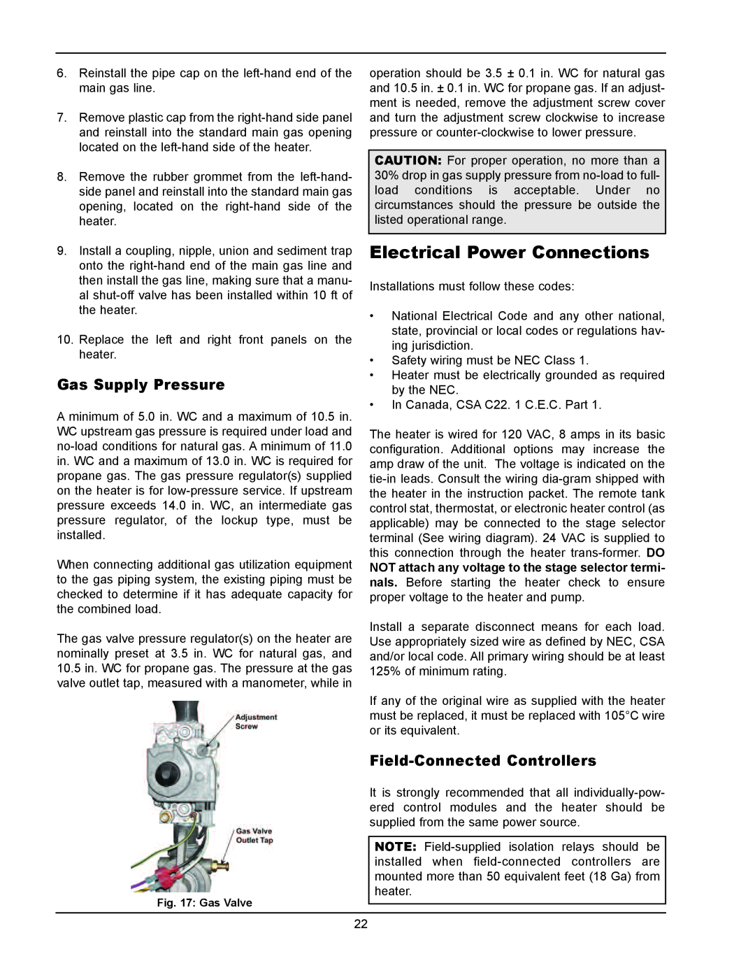 Raypak 902B, 302B manual Electrical Power Connections, Gas Supply Pressure, Field-ConnectedControllers 