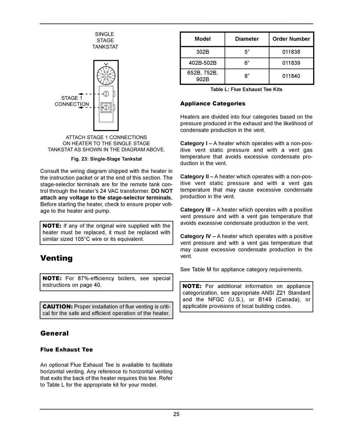 Raypak 302B, 902B manual Venting, Flue Exhaust Tee, Model, Diameter, Order Number, Appliance Categories 