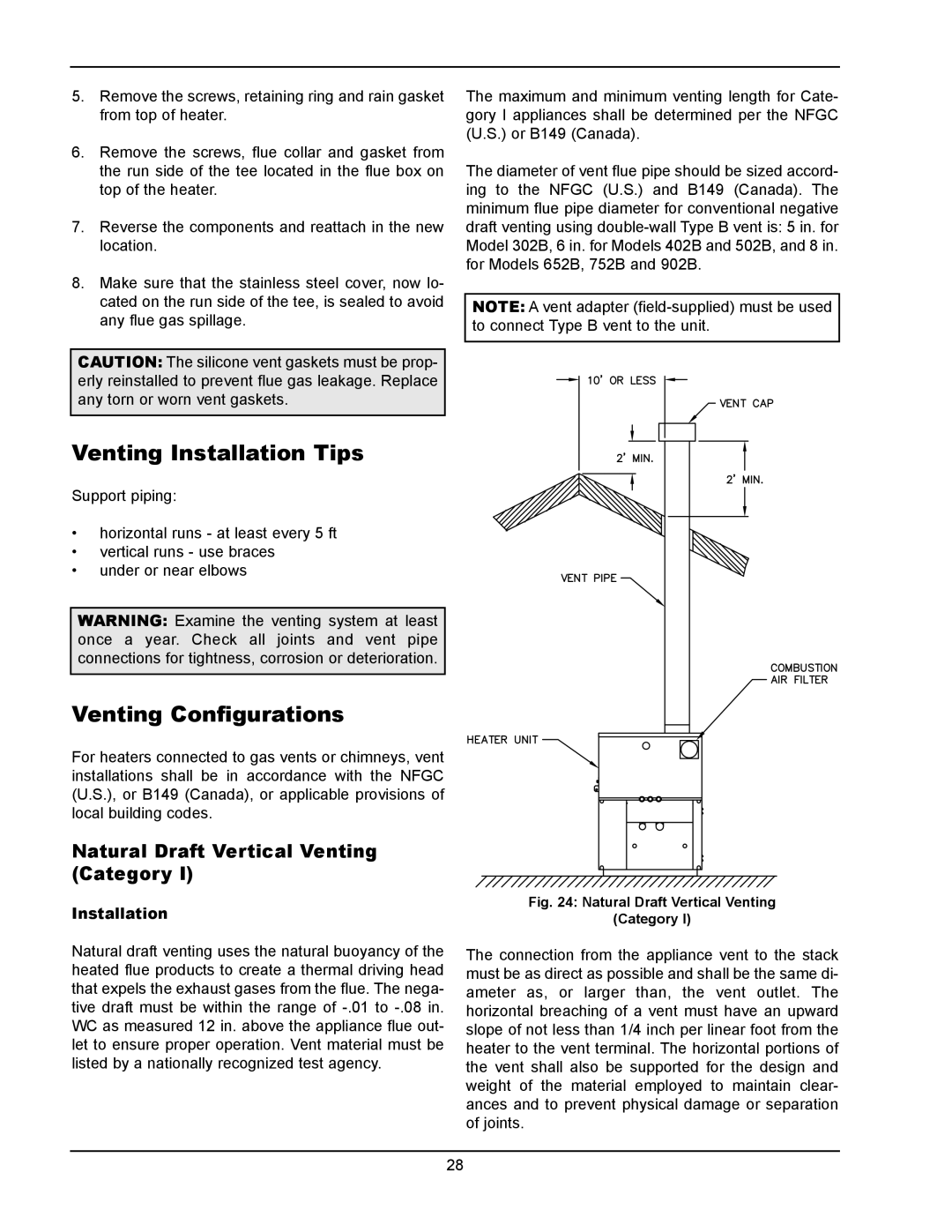 Raypak 902B, 302B manual Venting Installation Tips, Venting Configurations, Natural Draft Vertical Venting Category 