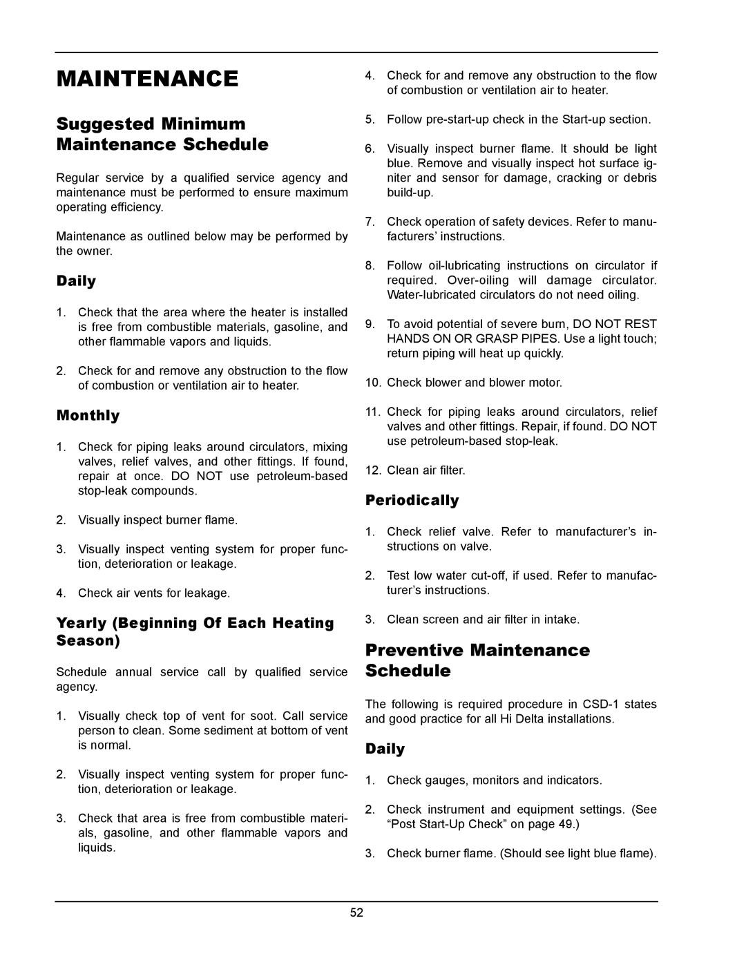 Raypak 902B, 302B manual Suggested Minimum Maintenance Schedule, Preventive Maintenance Schedule 
