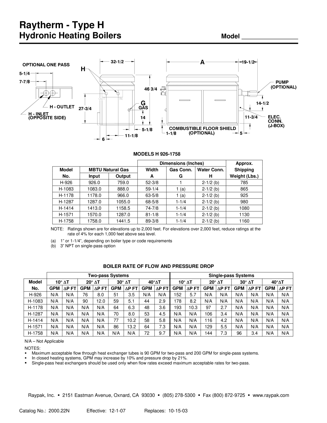 Raypak 926-1758 warranty Raytherm Type H, Models H 