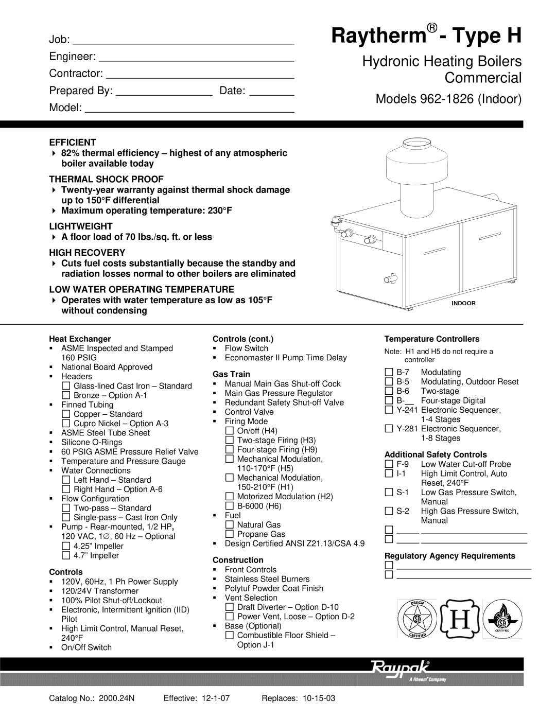 Raypak 962-1826 warranty Heat Exchanger, Controls, Gas Train, Construction, Temperature Controllers 